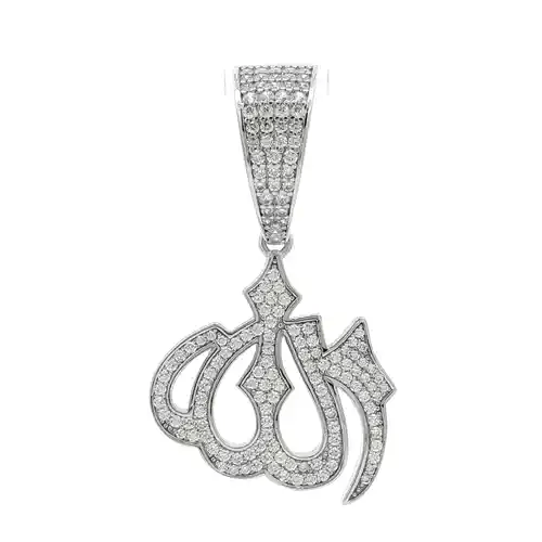 Silver CZ Iced Out Calligraphy Allah Necklace Pendant - APD239