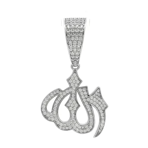 Silver CZ Iced Out Calligraphy Allah Necklace Pendant - APD239