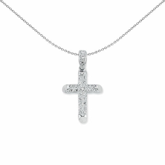 Sterling Silver CZ 2 Row Pave Cross Pendant Necklace 36mm 18" - APX015