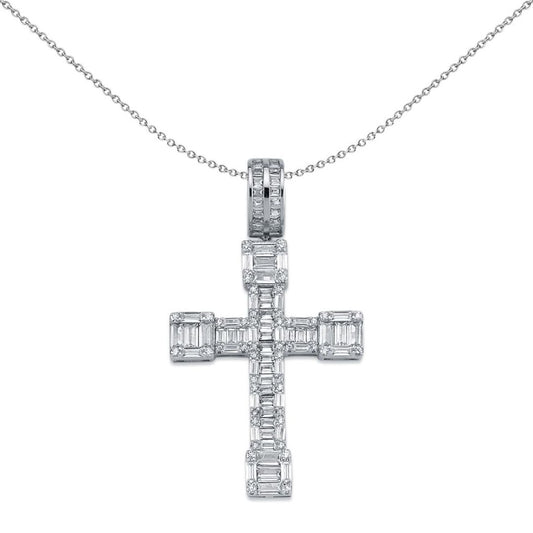 Silver CZ Art Deco Blocky Cross Pendant Necklace 51mm 18" - APX017