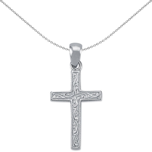 Unisex Rhodium Silver Carved Cross Pendant Necklace 31mm 18" - APX020
