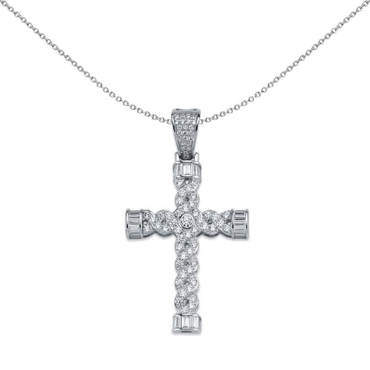 Sterling Silver CZ Platted Twist Cross Pendant Necklace 49mm - APX023