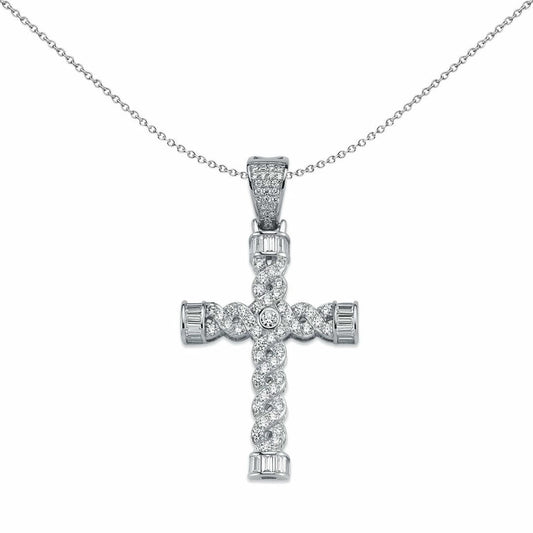 Sterling Silver CZ Platted Twist Cross Pendant Necklace 49mm 18" - APX023