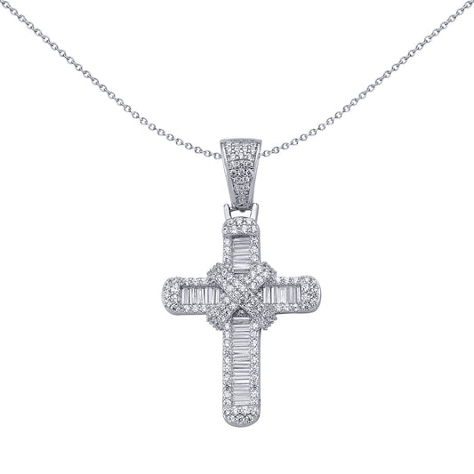 Silver Round & Baguette CZ X Wrap Shimmering Kiss Cross Pendant - APX034