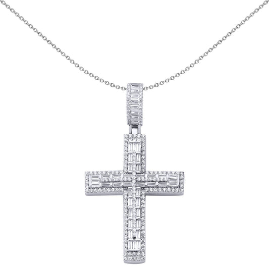 Sterling Silver Baguette CZ 3 Tier Brick Art Deco Cross Pendant - APX037