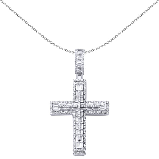 Sterling Silver Baguette CZ 3 Tier Brick Art Deco Cross Pendant - APX037