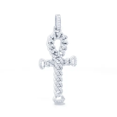 Unisex Silver Round CZ Encrusted Curb Link Ankh Cross Pendant - APX048