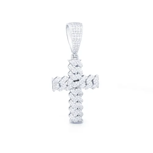 Unisex Silver Round CZ Encrusted Zig Zac Curb Link Cross Pendant - APX049
