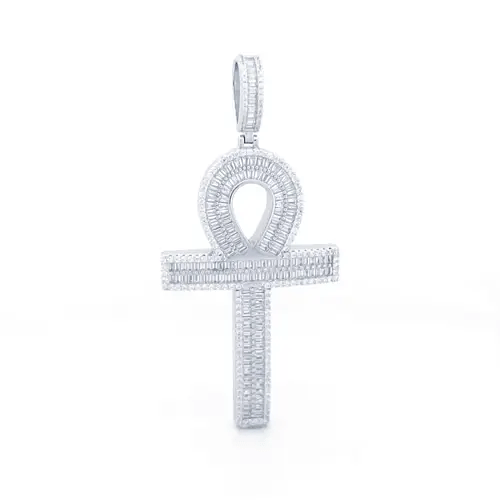 Unisex Silver Baguette CZ Encrusted Ribbed Ankh Cross Pendant - APX051