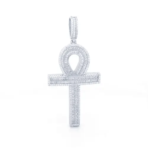 Unisex Silver Baguette CZ Encrusted Ribbed Ankh Cross Pendant - APX051