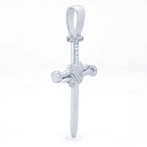 Unisex Silver Wood Nail Offset Square Knot Cross Pendant - APX052