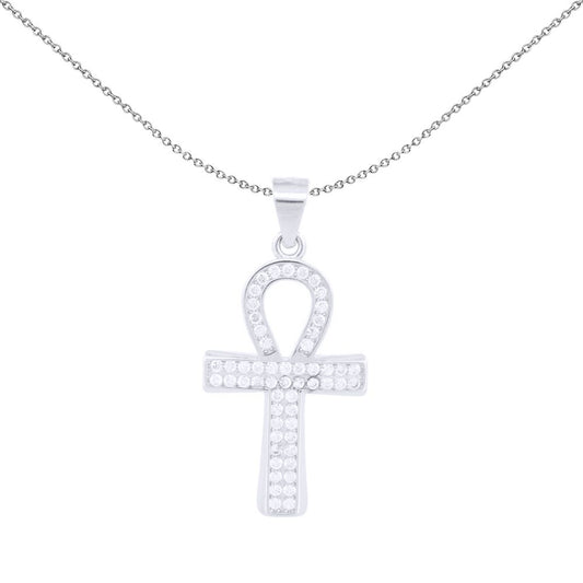 Unisex Silver Round CZ Encrusted Ankh Cross Pendant - APX055