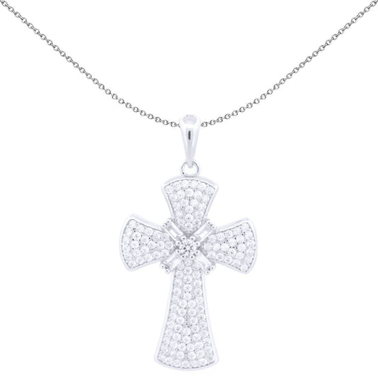 Unisex Silver White Baguette CZ Encrusted Byzantine Cross Pendant - APX056