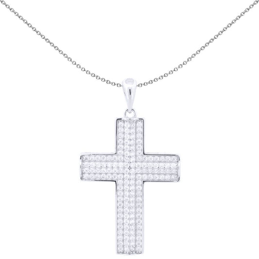 Unisex Silver Round CZ Encrusted Block Latin Cross Pendant - APX058