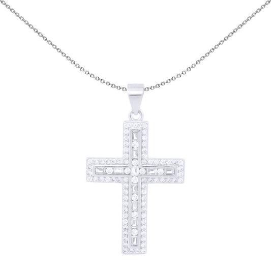 Unisex Silver White Baguette CZ Encrusted Latin Cross Pendant - APX059