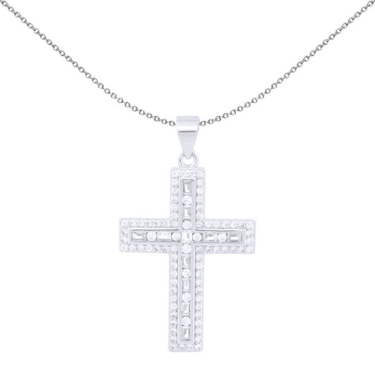 Unisex Silver White Baguette CZ Encrusted Latin Cross Pendant - APX059