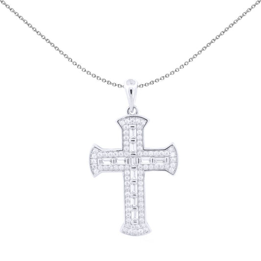 Unisex Silver Baguette CZ Encrusted Fan End Latin Cross Pendant - APX061