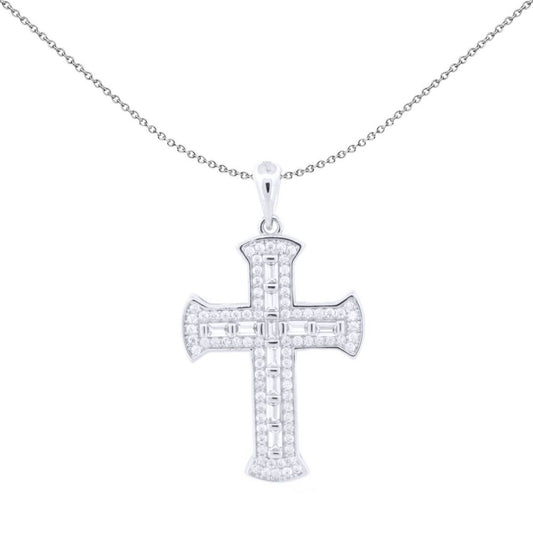 Unisex Silver Baguette CZ Encrusted Fan End Latin Cross Pendant - APX061
