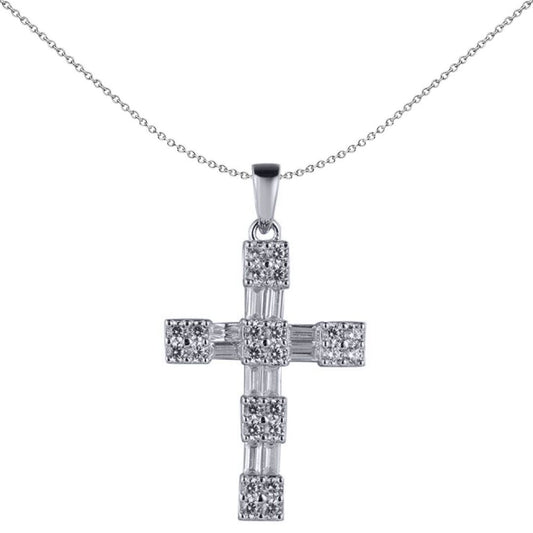 Unisex Silver Baguette CZ Encrusted Station Block Cross Pendant - APX062