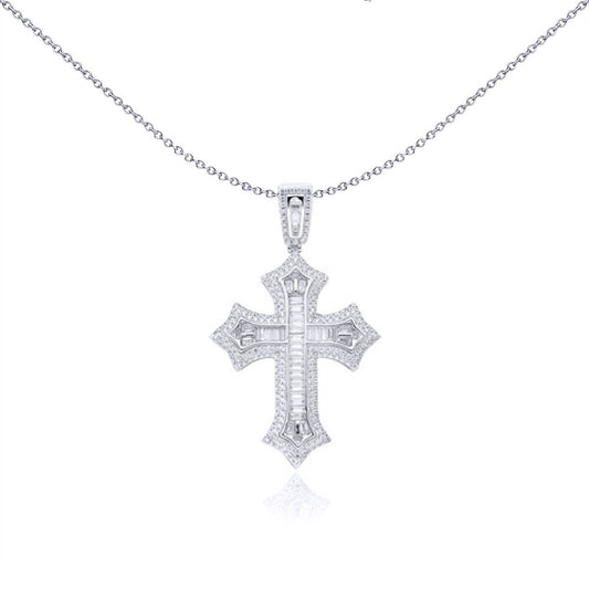 Unisex Silver Baguette CZ Spiked Fleur Arrowhead Cross Pendant - APX064