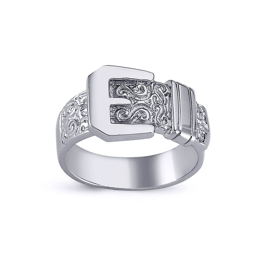 Mens Rhodium Plated Silver Round CZ Carved Buckle Love Ring 12mm - ARN093