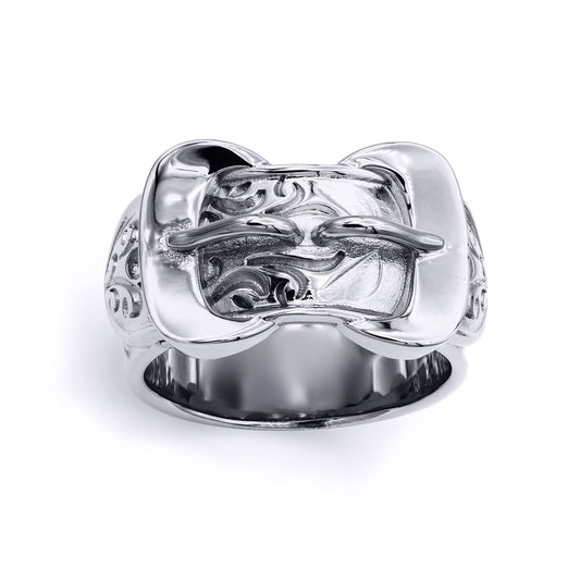 Mens Rhodium Plated Silver Double Buckle Love Ring 11mm - ARN095