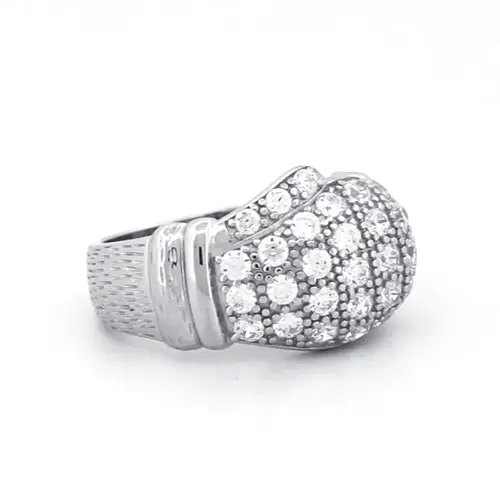 Mens Rhodium Plated Silver Round CZ Boxing Glove Charm Ring 14mm - ARN097