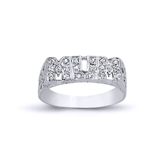 Womens Rhodium Plated Silver Round CZ MUM Signet ID Ring 5mm - ARN100