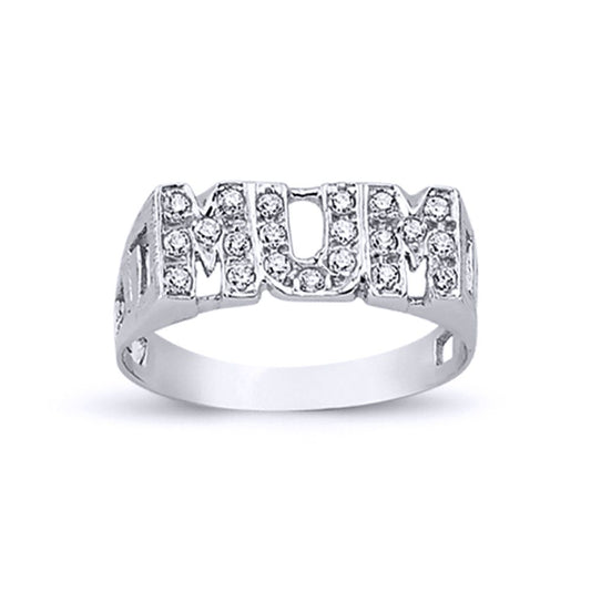 Womens Rhodium Plated Silver Round CZ MUM Signet ID Ring 8mm - ARN101