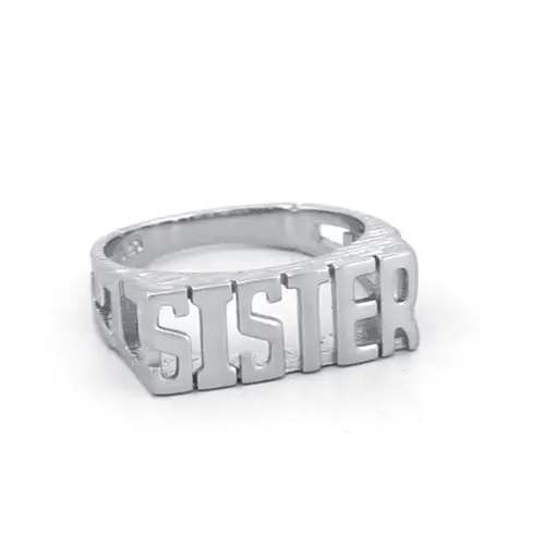 Womens Rhodium Plated Silver SISTER Signet ID Ring 7mm - ARN103