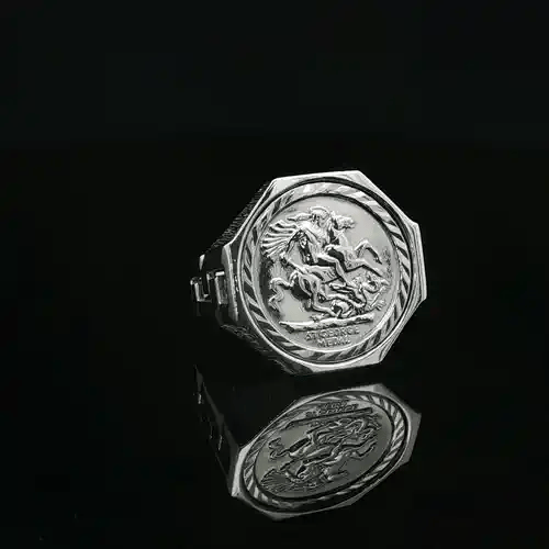 Solid Silver Curb Links Octagon St George Ring (Half Sov Size) - ARN113-H