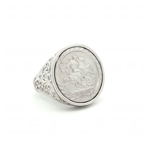 Silver Floral Carved St George Dragon Ring (Half Sovereign Size) - ARN116-H