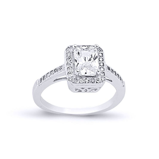 Silver Emerald-cut CZ Shoulder-set Halo Solitaire Engagement Ring - ARN133