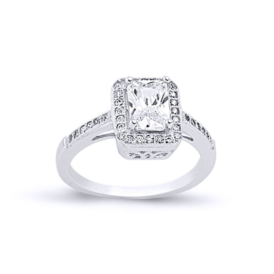 Silver Emerald-cut CZ Shoulder-set Halo Solitaire Engagement Ring - ARN133