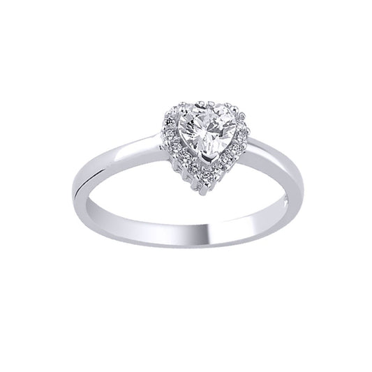 Silver Love Heart CZ Dainty Halo Solitaire Engagement Ring - ARN135