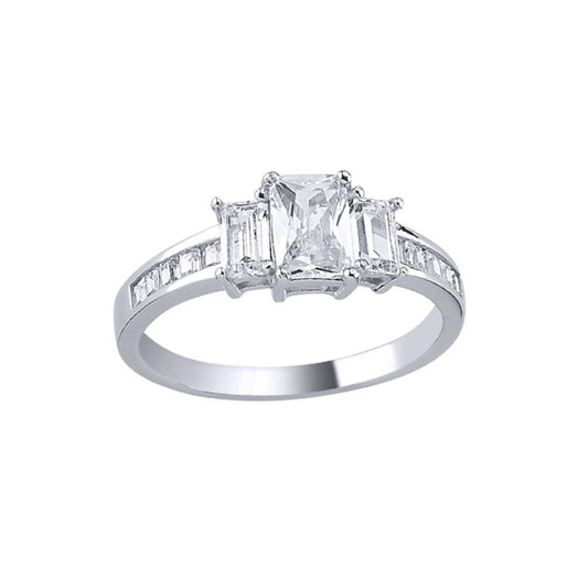 Silver Baguette Emerald-cut CZ Channel Trilogy Engagement Ring - ARN138