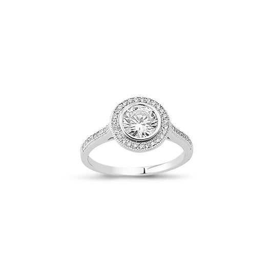 Silver CZ Shoulder-set Halo Solitaire Engagement Ring - ARN141