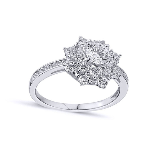 Silver CZ Shoulder-set 3-tier Cluster Solitaire Dress Ring - ARN145