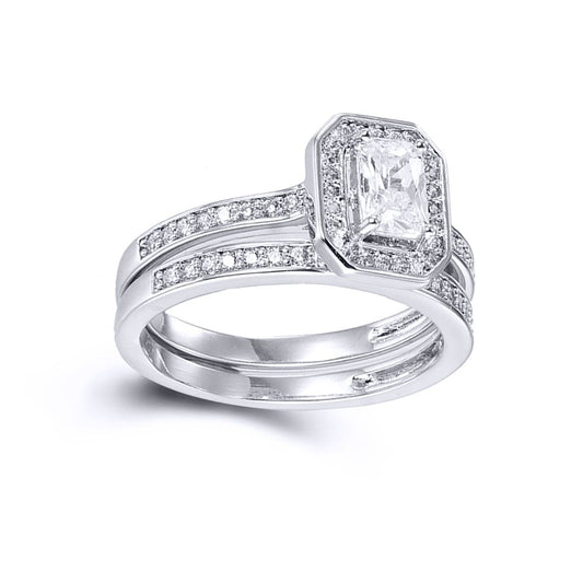 Silver Emerald-cut CZ Octagon Solitaire Wedfit Bridal Rings Set - ARN148