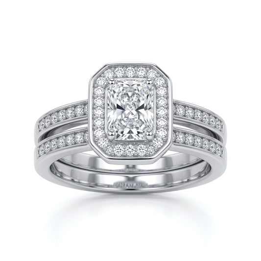 Silver Emerald-cut CZ Octagon Solitaire Wedfit Bridal Rings Set - ARN148