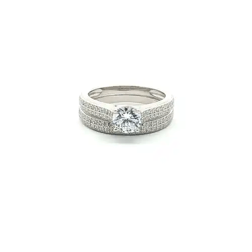 Silver CZ Shoulder-set Pave Solitaire Wedfit Bridal Rings Set - ARN150