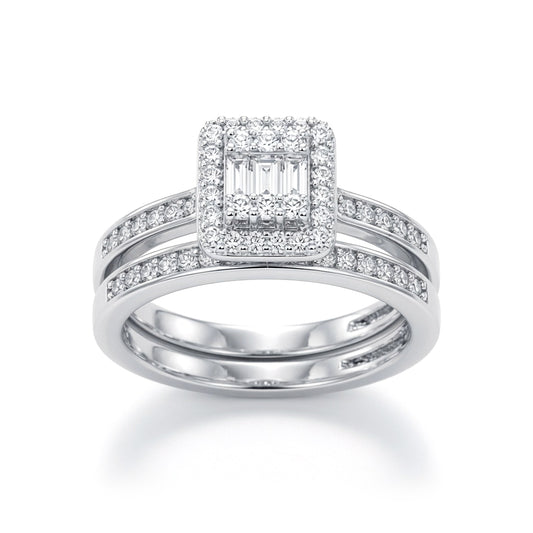 Silver Baguette CZ Square Solitaire-style Wedfit Bridal Rings Set - ARN153