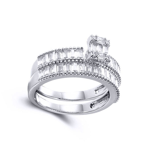 Silver Baguette CZ Bridge Solitaire-style Wedfit Bridal Rings Set - ARN155