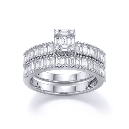 Silver Baguette CZ Bridge Solitaire-style Wedfit Bridal Rings Set - ARN155