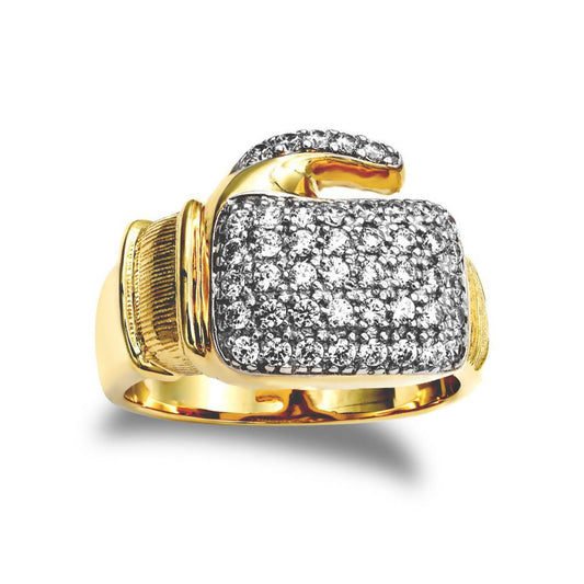 Gold-Plated Silver Round CZ Encrusted MMA Boxing Glove Ring - ARN165-GP
