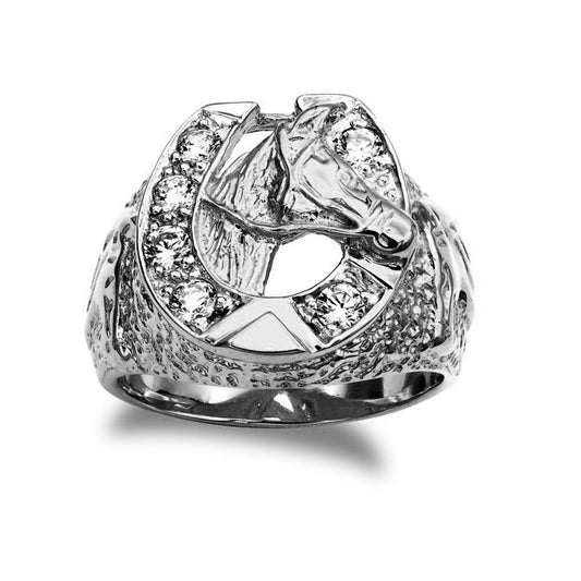 Silver Round CZ Carved Lucky Horse Shoe Head Cluster Ring - ARN169