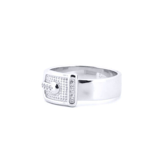 Unisex Silver Round CZ Hammered Belt Buckle Ring - ARN176