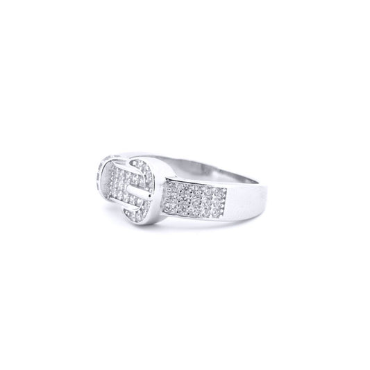 Unisex Silver Round CZ Encrusted Belt Buckle Ring - ARN180