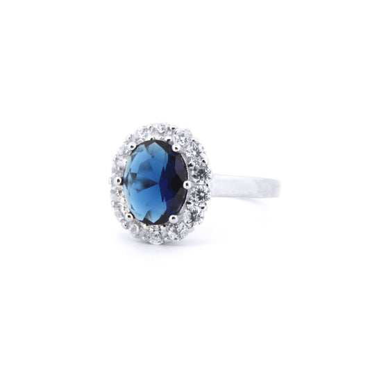 Silver Blue Oval CZ Royal Princess Kate Cluster Ring - ARN186