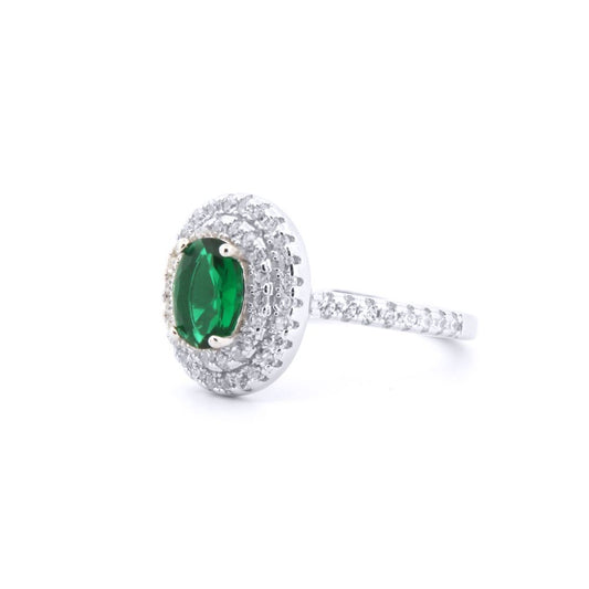 Silver Green Oval CZ Double Tier Halo Shoulder-set Cluster Ring - ARN187G